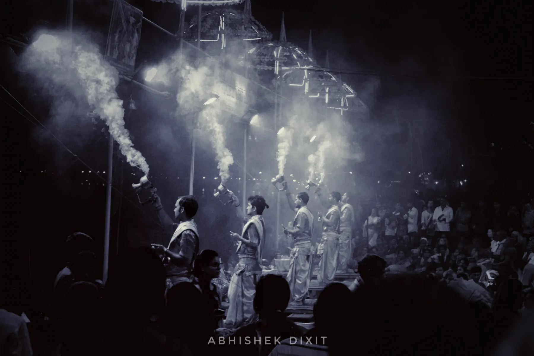 Incense smoke rising during the Ganga Aarti