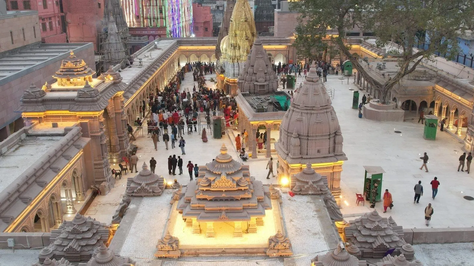 The Kashi Vishwanath Dham courtyard from above, lit in the evening